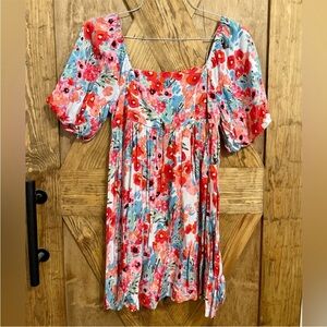 Vestique Floral Puff Sleeve Dress - Red, Blue, White